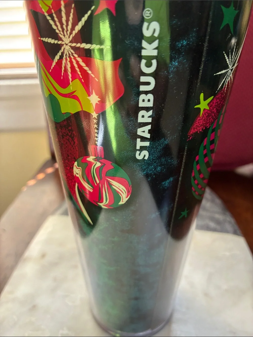 Starbucks Green and Red Holiday Tumbler with Neon Green Bow Straw